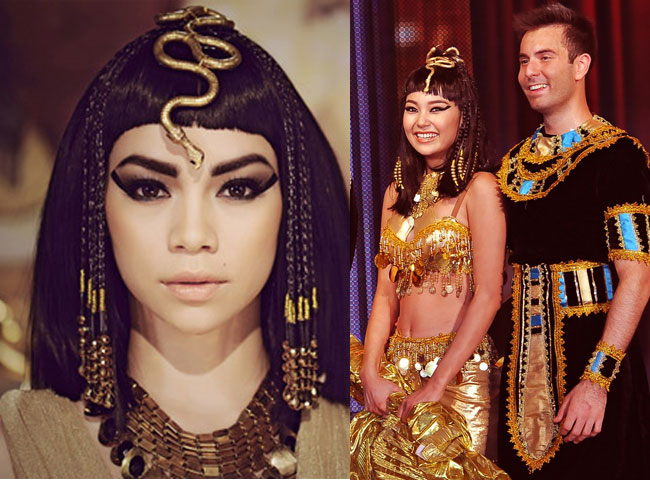 Minh Hằng hóa trang thành Nữ hoàng Ai Cập với cách trang điểm, tô đậm đôi mắt sắc lẹm giống hệt khuôn sắc của Hồ Ngọc Hà