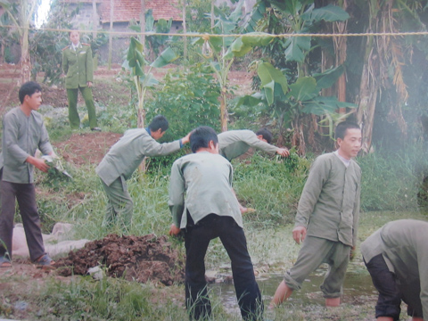 Hữu và các trại viên đang dựng hàng rào ở khu chăn nuôi