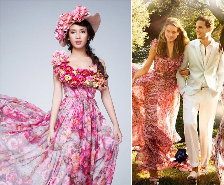 Chẳng khó để nhận ra chiếc váy hoa nổi tiếng của D&G trong mẫu thiết kế của Vũ Thu Phương. Có khác chăng chỉ là hoạ tiết 