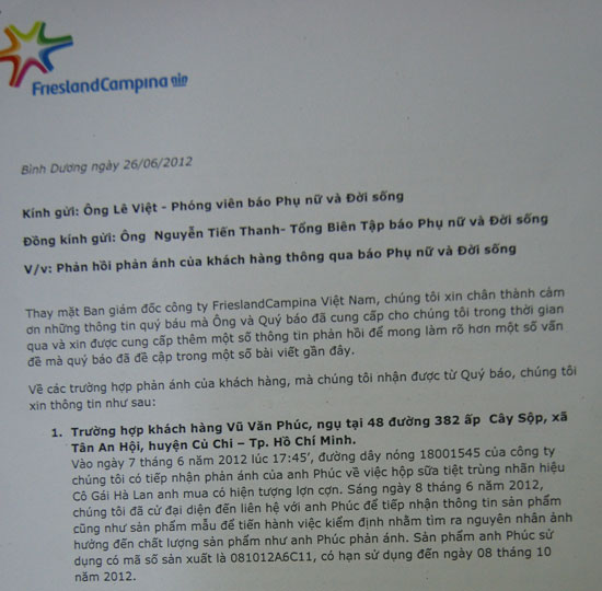 Phần đầu văn bản trả lời của nhà sản xuất sữa Cô gái Hà Lan – công ty TNHH FrieslandCampina Việt Nam.