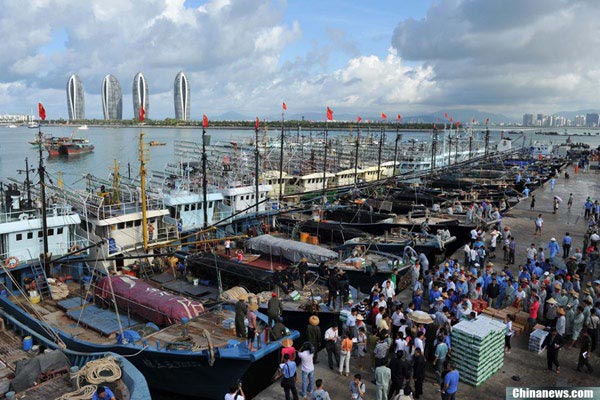 Những chiếc thuyền đánh cá của Trung Quốc đang neo đậu tại bến cảng để chuẩn bị tích trữ lương thực thực phẩm cho chuyến đi dài ngày