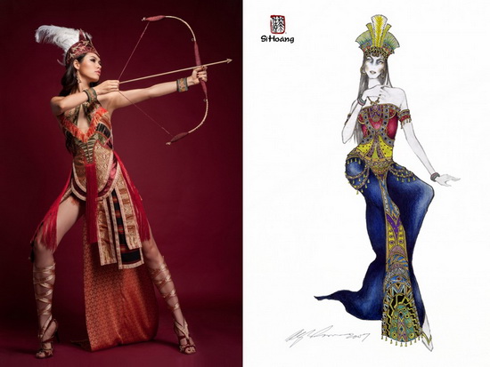 Khi so sánh mẫu trang phục của nhà thiết kế Lê Thanh Hòa đang được Hoàng My chọn thi quốc tế với 4 mẫu thiết kế của nhà thiết kế Sĩ Hoàng, người xem dễ dàng nhận ra những điểm tương đồng.