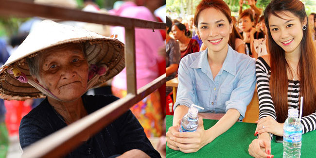 Có thể do hết ghế nhựa, người mẹ già với khuôn mặt đã nhiều nếp nhăn đứng ở bên ngoài, nhìn qua khung sắt, nhìn người đẹp đang tươi cười tạo dáng