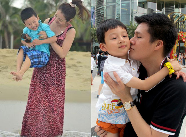 Mẹ Jennifer ôm ấp Bảo Nam thì bố Quang Dũng vẫn luôn dành cho con trai nụ hôn nồng ấm, chan chứa tình ba con.