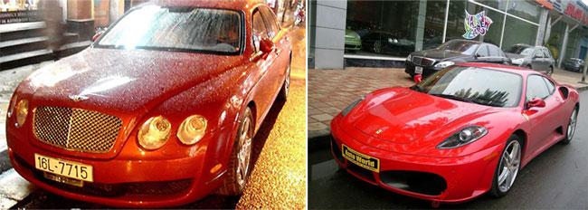 Chiếc Ferrari F430 màu đỏ đầu tiên ở Việt Nam đứng cạnh chiếc Bentley Continental Flying Spur trong bộ sưu tập của thiếu gia đất cảng.