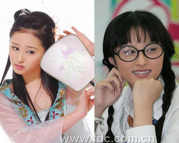 Hình ảnh Lý Hân Nhữ trong vai Lâm Đại Ngọc (phim Tân Hồng Lâu Mộng) và cô gái xấu xí trong bộ phim cùng tên của Trung Quốc