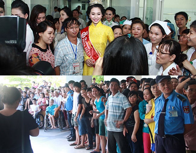 Hàng trăm người nhà, bệnh nhân đứng kín ngay tại sảnh bệnh viện để chào đón người đẹp. Nhiều bảo vệ của bệnh viện được huy động làm nhiệm vụ phân lối đi.