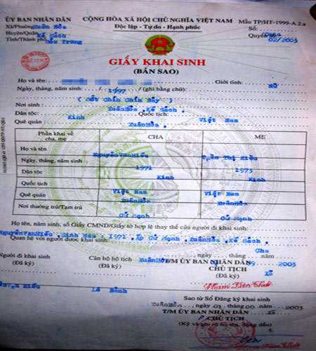 Bản sao giấy khai sinh của sản phụ N.T.D.M thể hiện sinh năm 1997.