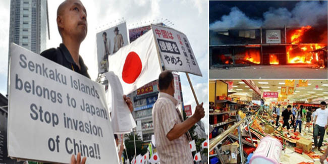 Nhiều người biểu tình mang theo những lá quốc kỳ Nhật cỡ lớn, hoặc các tấm biển thật to ghi khẩu hiệu phản đối hoặc tuyên bố nóng.