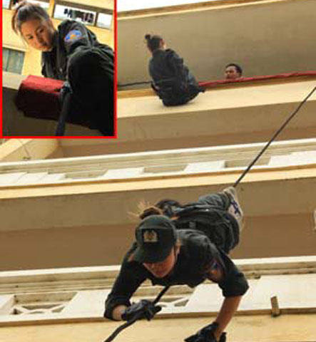 Bài thực hành bài huấn luyện kỹ thuật xuống dây chiến thuật ở một tòa nhà năm tầng cao gần 30m.