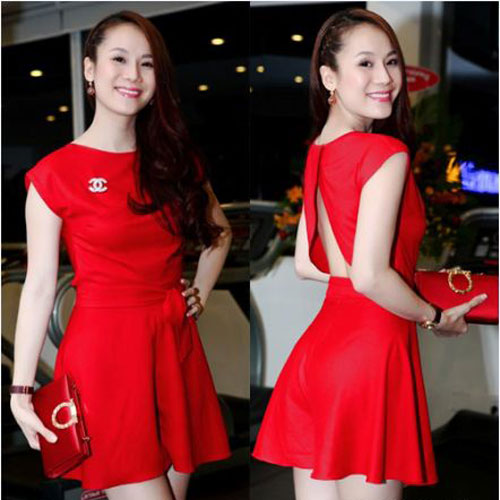 Thái Hà đẹp dịu dàng với chiếc váy đỏ xẻ lưng kín đáo.