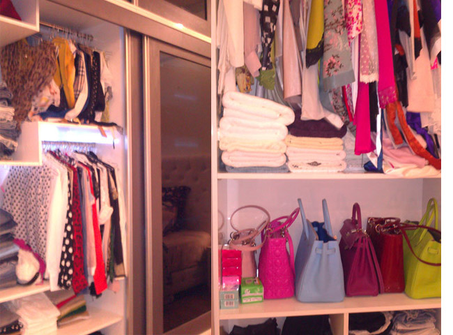 Căn phòng của Ngọc Trinh có hai tủ quần áo lớn với cả trăm bộ đồ dự tiệc, đồ ngày thường. Ngọc Trinh sắp xếp mỗi ngăn tủ khá khoa học, thuận tiện cho cô chọn đồ mỗi khi đi ra ngoài.