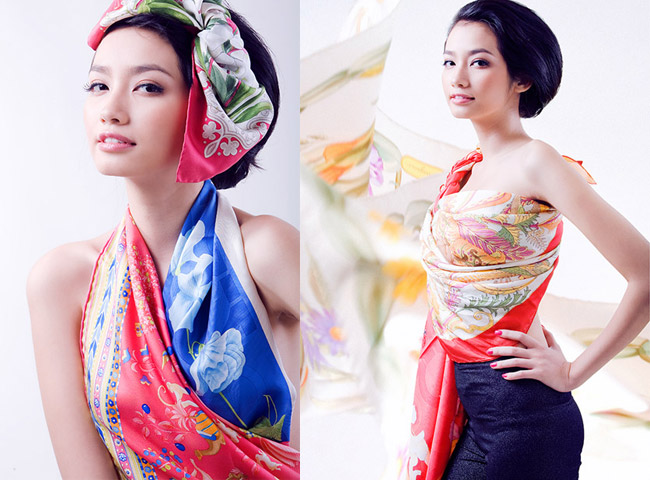 Hoa hậu Thời trang Trúc Diễm  khoe vẻ gợi cảm đầy quyến rũ khi khoác lên người những chiếc khăn lụa nhiều màu sắc.