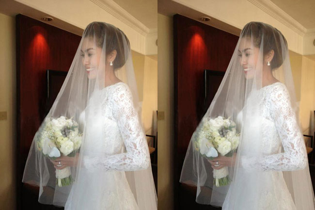 Trong lễ cưới tại nhà thờ, Tăng Thanh Hà mặc chiếc váy ren trắng dài tay kín đáo được nhà thiết kế Monique Lhuillier đặt theo tên Công nương Kate Middleton. 