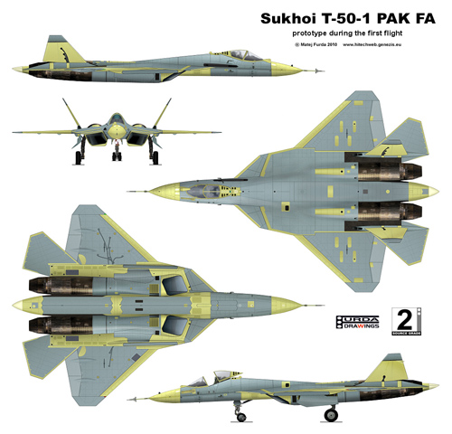 T-50 có chiều dài 22 m, sải cánh 14,8 m, chiều cao 5,45 m, diện tích cánh 78,8 m2, trang bị 2 động cơ turbine phản lực lưỡng mạch, có buồng tăng lực, thời gian bay 3,3 giờ và tổ lái 1 người