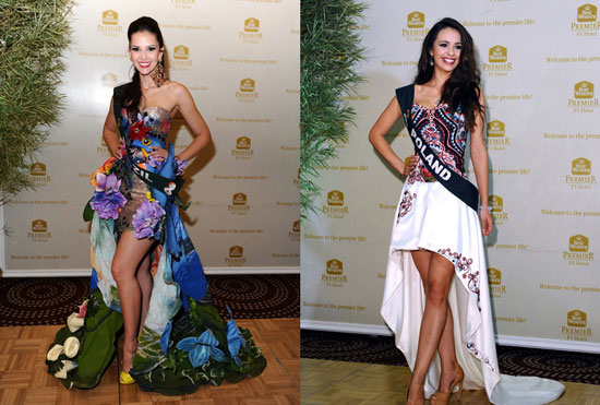 Hai bộ trang phục với kiểu dáng khá giống nhau của Hoa hậu Brazil và Hoa hậu Ba Lan. Trong khi thiết kế của đại diện Ba Lan khá đơn giản thì cô gái tới từ Brazil diện trang phục đầy vẻ tự nhiên trù phú của quốc gia này.