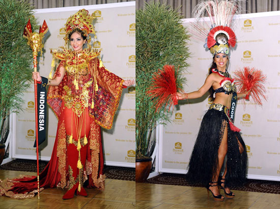 Hoa hậu Indonesia diện trang phục rực rỡ sắc màu và cầu kì trong thiết kế. Đối ngược lại, Hoa hậu đảo Cook lại diện bộ trang phục rất tự nhiên và hoang dã.