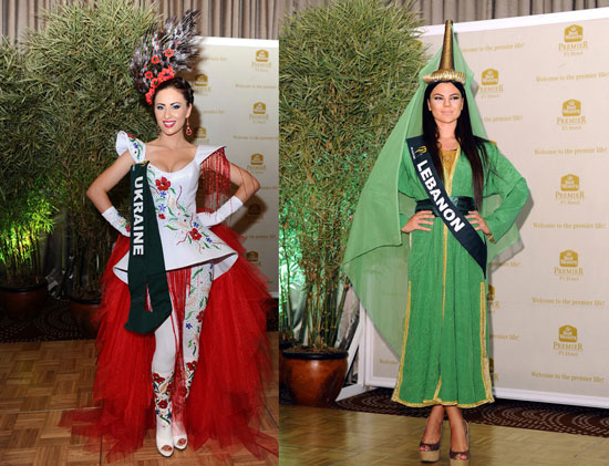 Hai trang phục dân tộc lạ mắt của Hoa hậu Ukraina và Hoa hậu Li Băng.