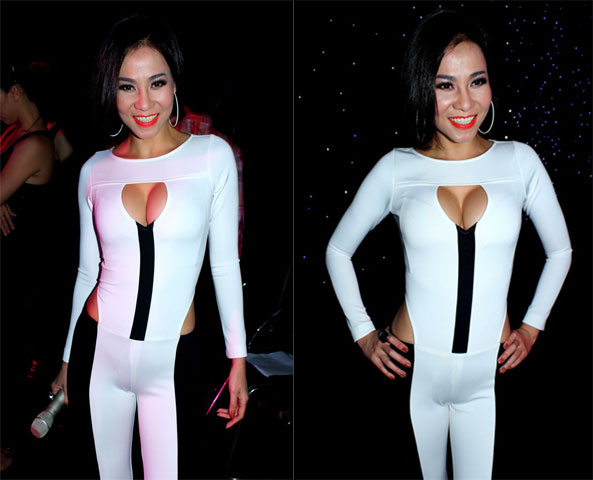 Thu Minh từng diện một chiếc jumpsuits được thiết kế cut-out ở phần ngực và phần eo. Mục đích của chúng là tạo ra những khoảng hút mắt trên một trang phục kín cổng cao tường. Tuy nhiên, những điểm cắt khoét thiếu tinh xảo khiến bộ jumpsuits không đem lại hiệu quả như mong muốn. Đó là chưa kể sự phối màu sai quy tắc khiến thân hình Thu Minh trở nên mất cân xứng, trên to dưới nhỏ.