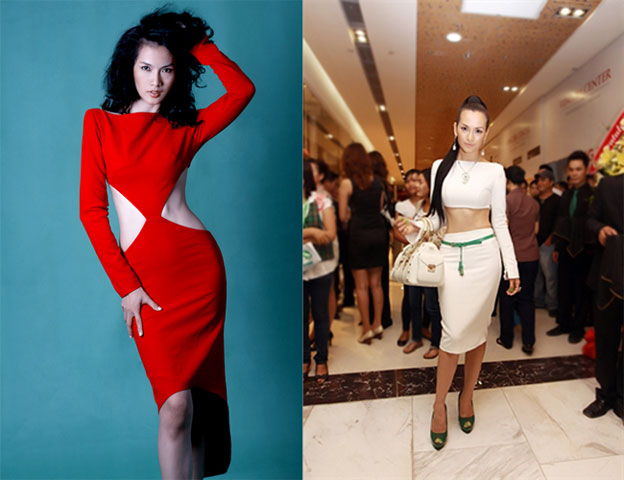 Anh Thư là một trong những người mẫu có vòng eo nhỏ nhất showbiz Việt. Cô luôn tận dụng váy khoét để khoe lợi thế này. Tuy nhiên, với những thiết kế khoe quá mức, chiếc váy trở nên mất cân xứng về tỷ lệ kín hở.