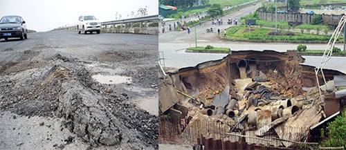 Cao tốc Cầu Giẽ - Ninh Bình vừa mới đi vào sử dụng đã xuất hiện lún, sụt (ảnh trái); đường Lê Văn Lương xuất hiện hố tử thần cuối tháng 8/2012
