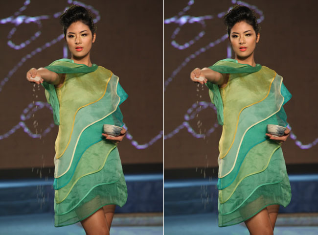 Trong đêm cuối cùng ngày 9/12 của tuần lễ thời trang Việt xuân hè 2013, Hoa hậu Ngọc Hân đã có phần trình diễn gây chú ý với công chúng. 
