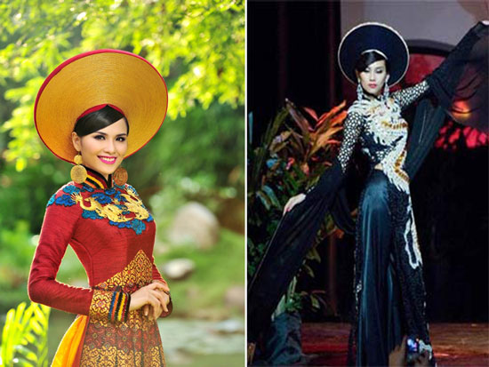 Tại cuộc thi HHHV, Thùy Lâm, Hoàng Yến từng diện những chiếc áo dài với thiết kế tương tự và nhận được sự đánh giá cao từ ban giám khảo. Bộ áo dài 