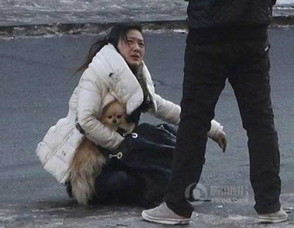Điều khiến những người qua đường ngạc nhiên hơn đó là cô gái có gương mặt xinh xắn giấu một chú chó con dưới chiếc áo khoác và cố gắng không để nó bị đau trước sự tấn công của người đàn ông.