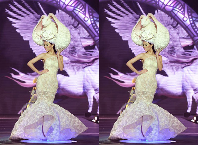 Hồng Quế đội chiếc mũ nặng 7kg trong Đẹp fashion show