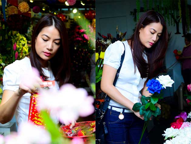   Người đẹp diện áo sơ mi, quần jeans và không ai nghĩ cô đã 37 tuổi. Nhưng khuôn mặt luôn tỏ vẻ rầu rầu, không được tươi tắn vui vẻ như khi đi bên cạnh Trần Bảo Sơn.