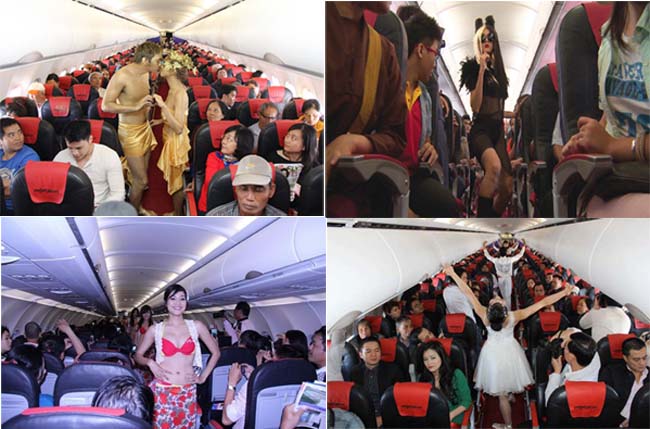  Hãng hàng không VietJetAir được đánh giá là nhanh nhạy trong thị trường khi liên tục đưa ra những chiêu trò thu hút khách không kém giới showbiz. Trước đó, trên máy bay hãng đã tổ chức những đám cưới, cho dàn chân dài mặc bikibi nhảy múa, hay 