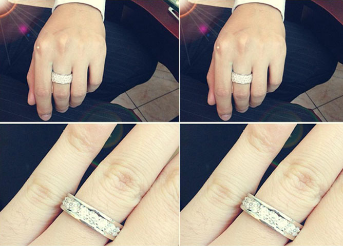 Cặp nhẫn rất đẹp được gắn nhiều kim cương sang trọng. Song chủ nhân của chúng không tiết lộ giá trị của chiếc nhẫn.