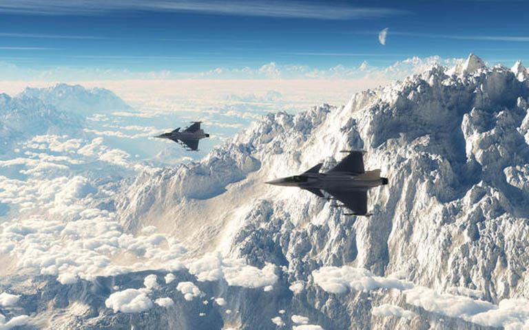 2 chiếc Saab JAS 39 Gripens của không quân Thụy Điển bay trên những ngọn núi tuyệt đẹp