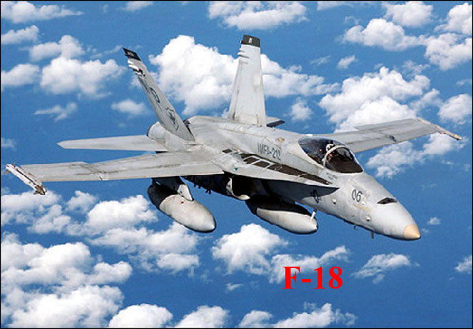 Máy bay F-18 Hornet của Mỹ là máy bay phản lực chiến đấu đa nhiệm siêu thanh hai động cơ có khả năng hoạt động trên tàu sân bay trong mọi thời tiết, có khả năng chiến đấu và tấn công các mục tiêu mặt đất. Nó có thể mang nhiều loại bom và tên lửa, gồm cả tên lửa không đối không và không đối đất cùng một pháo M61 Vulcan 20 mm. Sản xuất từ những năm 70 của thế kỷ trước.