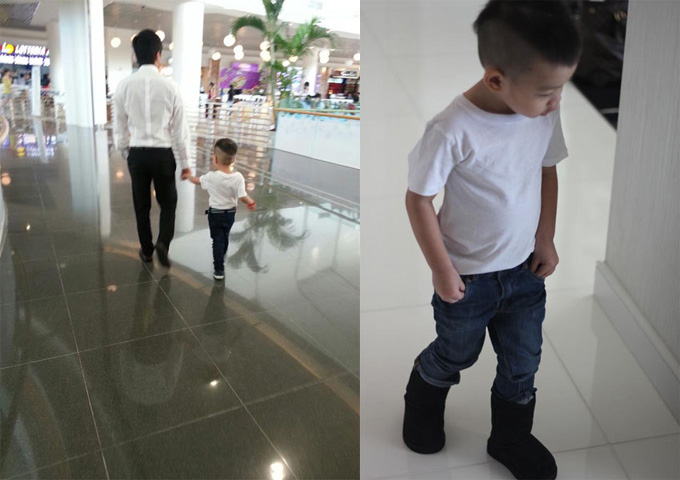  Subeo trông rất chững chạc trong bộ trang phục giản dị quần jean, áo phông và đôi bốt đen cá tính. Ngoài ra, Subeo còn vừa đi vừa đút tay vào túi quần khiến nhiều người tưởng rằng cậu bé là một 