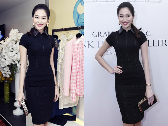 Hoa hậu Việt Nam Thu Thảo mặc bộ váy màu đen kín đáo khi đến dự tiệc khai trương hệ thống thời trang của Lý Nhã Kỳ tối 23/3.
