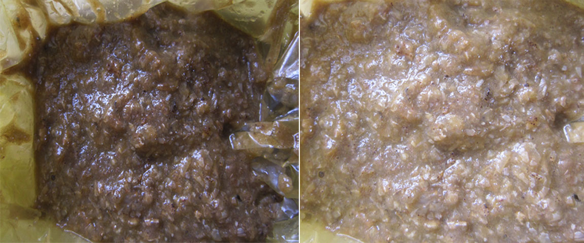 Thịt cua xay ở chợ có màu nâu thẫm do cua chưa được rửa sạch (ảnh trái). Trong khi đó, cua giã tại nhà có màu sáng hơn nhiều do được rửa nhiều lần