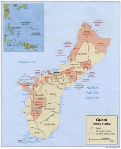 Guam là căn cứ quân sự của Mỹ trên Thái Bình Dương, cách Hawaii hơn 5.000 km về phía tây, cách Philippines và Nhật Bản hơn 2.000 km về phía đông và phía nam. Guam cách Hàn Quốc và cả Triều Tiên vài giờ bay. Đây là lãnh thổ của Mỹ và có khoảng 6.000 binh sĩ Mỹ đồn trú ở đây. Đồ họa: Globalresearch