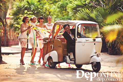 Cận cảnh chiếc Vespa 3 bánh rất độc đáo trong lễ cưới hạnh phúc của người mẫu. (nguồn: dep.com.vn)