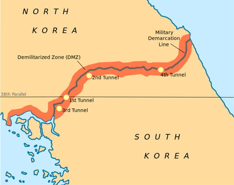 Bản đồ thể hiện vị trí 4 hầm ngầm của Triều Tiên ở vùng biên giới với Hàn Quốc, gồm 4 chấm tròn. Màu đỏ thể hiện khu phi quân sự (DMZ), màu đen chỉ Giới tuyến quân sự (MDL) giữa hai bên. Đồ họa: Wikipedia