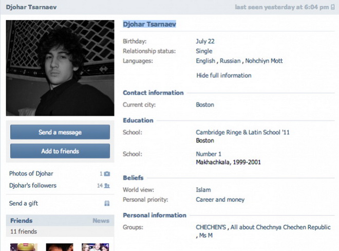 Trang mạng xã hội của nghi phạm Dzhokhar Tsarnaev được cộng đồng tìm ra - Ảnh: DigitalTrends