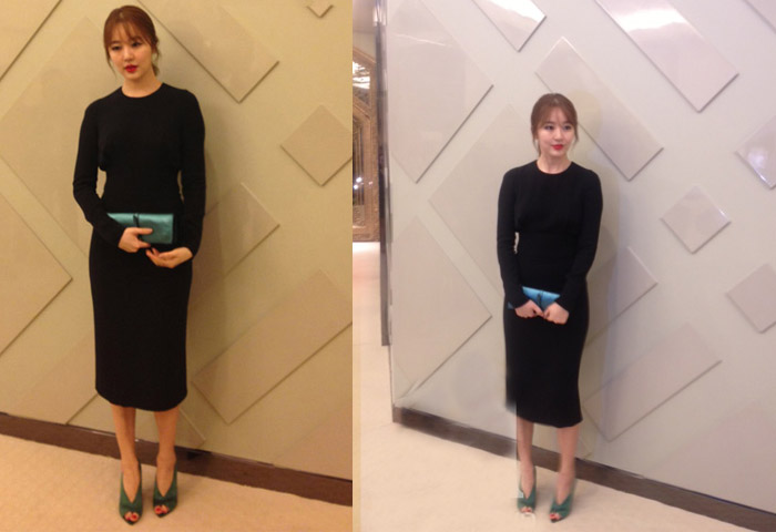Trong sự kiện lần này, Yoon Eun Hye chọn cho mình bộ đầm đen đơn giản nhưng không kém phần sang trọng, điểm nhấn là chiếc clutch đi kèm với đôi giày xanh lá mạ.