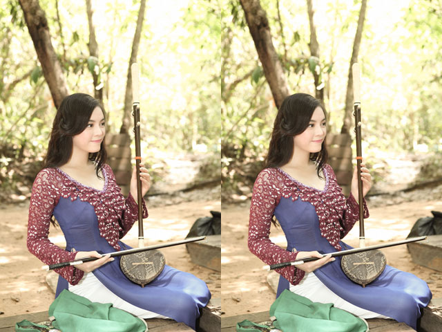  Diện áo dài truyền thống, Lý Nhã Kỳ dịu dàng và nữ tính bên cạnh cây đàn Kanhi, loại nhạc cụ truyền thống của người dân Campuchia.
