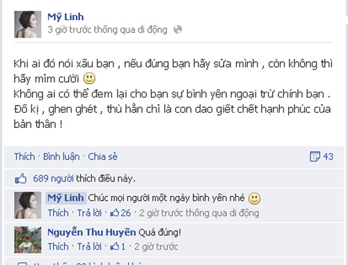 Ảnh chụp facebook của ca sĩ Mỹ Linh