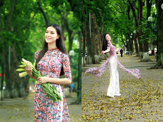  Hoa hậu Việt Nam 2008 Thùy Dung xinh đẹp và duyên dáng với áo dài và hoa loa kèn giữa những con đường đầy lá vàng của Hà Nội.