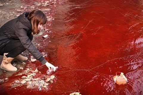 Nước sông Jianhe ở Lạc Dương, tỉnh Hà Nam, biến thành màu đỏ hồi tháng 12/2011, do hai nhà máy hóa chất xả thải bất hợp pháp. (Ảnh: Reuters)