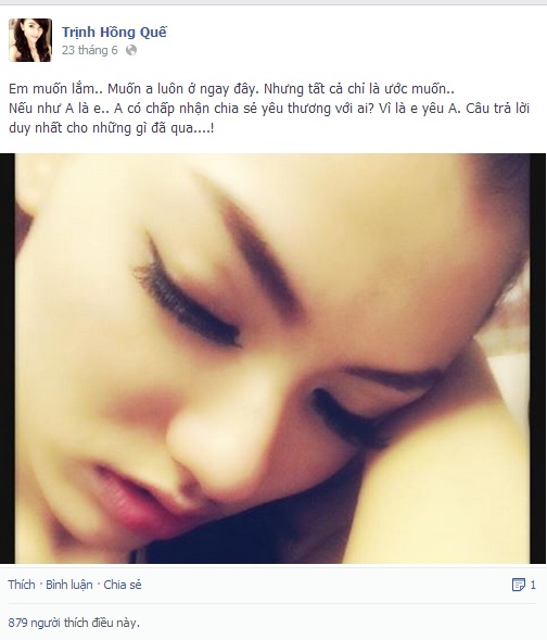     Hồng Quế thất tình, thế nên trên FB của cô gái này cũng liên tục xuất hiện nhiều dòng tâm trạng vô cùng buồn bã liên quan đến chuyện tình cảm.