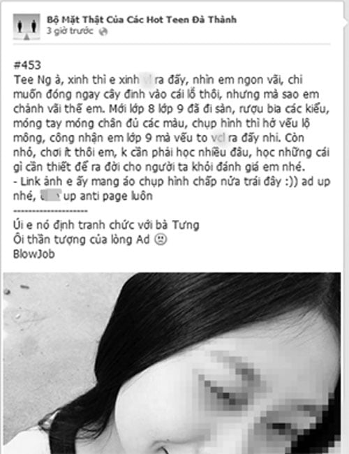 Một trong những status xuyên tạc, xúc phạm của FB “Bộ Mặt Thật Của Các Hot teen Đà Thành” khiến nhiều người là nạn nhân.