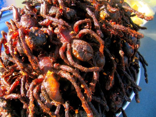 Nhện chiên là món ăn rất “nổi tiếng” ở Campuchia. Thịt nhện được miêu tả là bùi, ngọt và săn chắc như thịt gà.