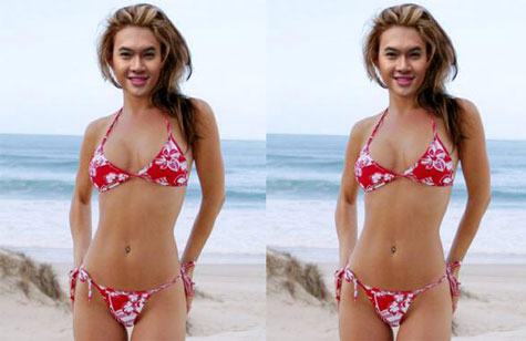 Nam Cường cười toe toét diện bikini rực rỡ sắc màu.